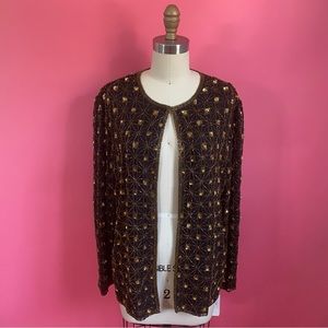 *NWT* Vintage 80s/90s SILK Chiffon Sequin GLAM Gold Beaded Embellish Cardigan L